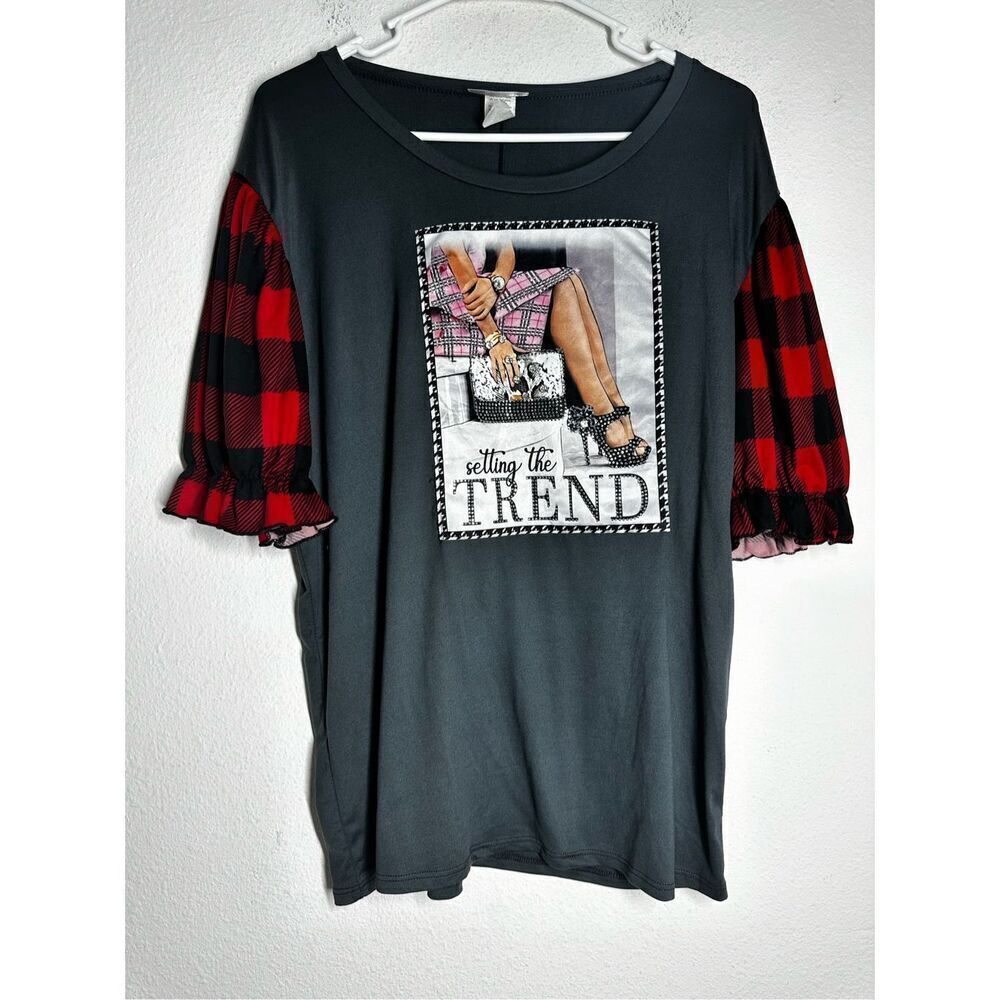 Davida Women’s Ruffle Plaid Sleeve Gray Top Setting The Trend Rhinestone Size3XL